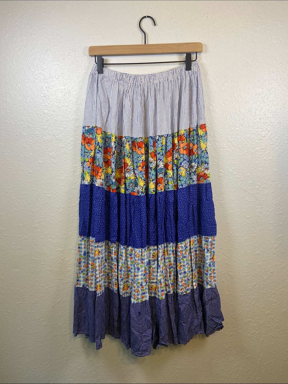 Blue Floral Cottagecore Patchwork Boho Artsy Indie Vintage Broom Skirt